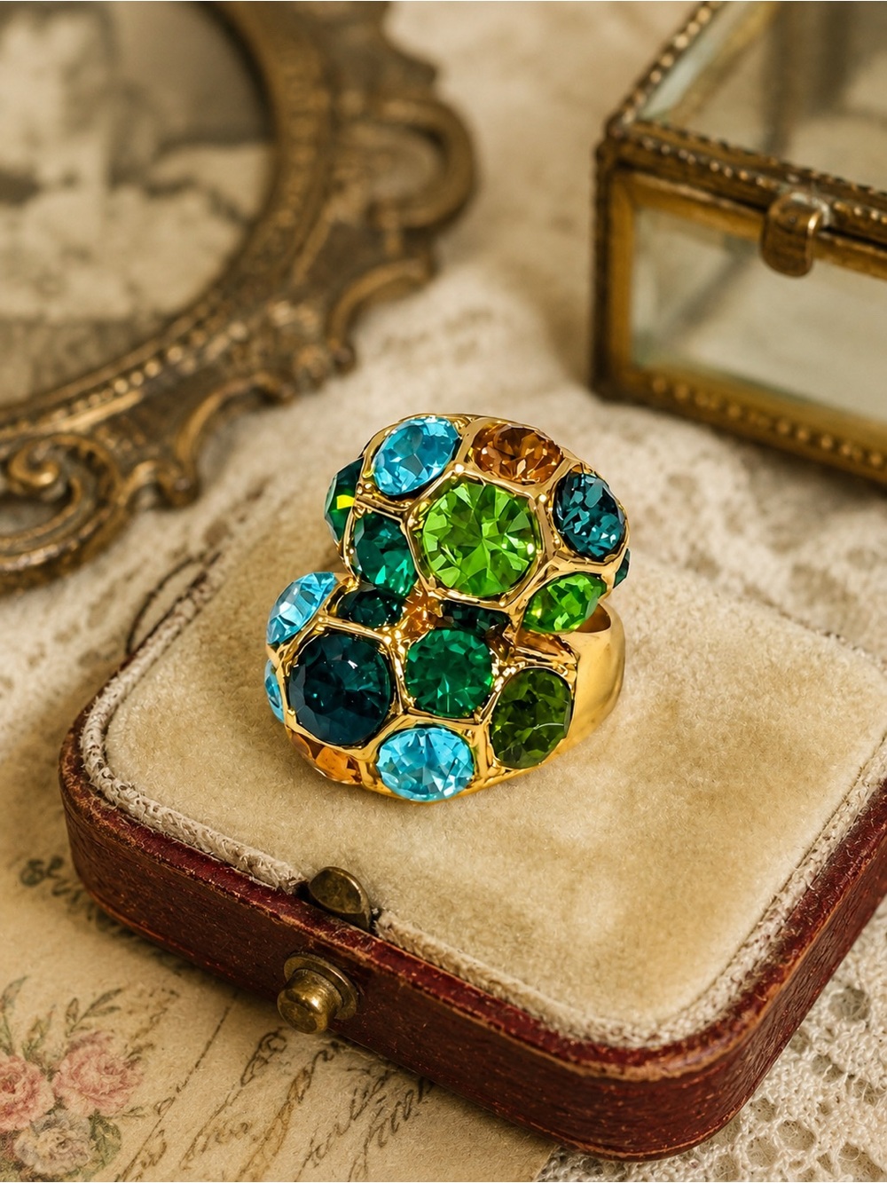 Artisan Vintage-Inspired Gold Cocktail Ring with Blue and Green Stones